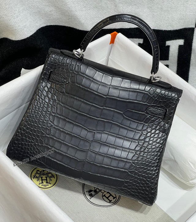 Hermes專櫃經典款Kelly手提女包 愛馬仕蠟線全手縫alligator美洲鱷黑色皮包 zhh1254